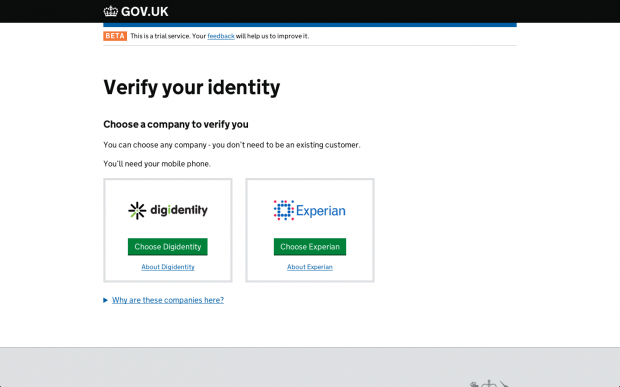 Screenshot of the GOV.UK Verify screen that allows people to choose a certified company