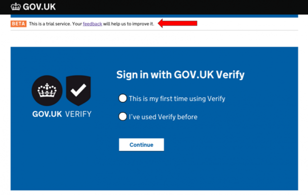 A screenshot from GOV.UK Verify showing the user support link at the top of the page