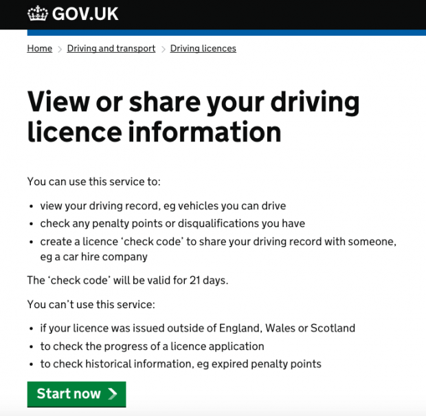 View driving licence page