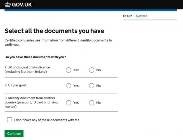 A screen from the GOV.UK Verify service where users are asked which identity documents they have with them