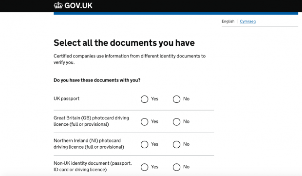 Page on 'Select all the documents you have' on GOV.UK Verify journey